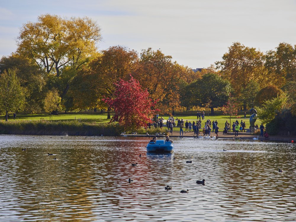 A blue pedal boat on the Serpentine lake in Hyde Park during autumn, with people walking along the shore and vibrant fall foliage on the trees in the background.