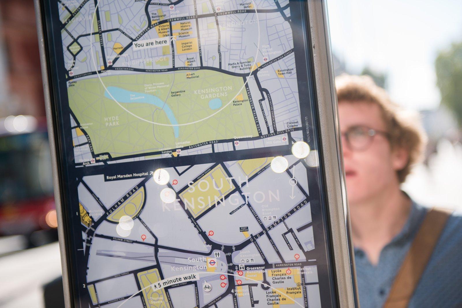 South Ken Wayfinding sign Close-up of a South Kensington neighbourhood map displayed on a street information panel, with local streets, landmarks and routes visible.
