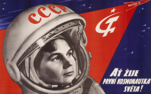 Russian cosmonaut and engineer Valentina Tereshkova in a space suit looking up 